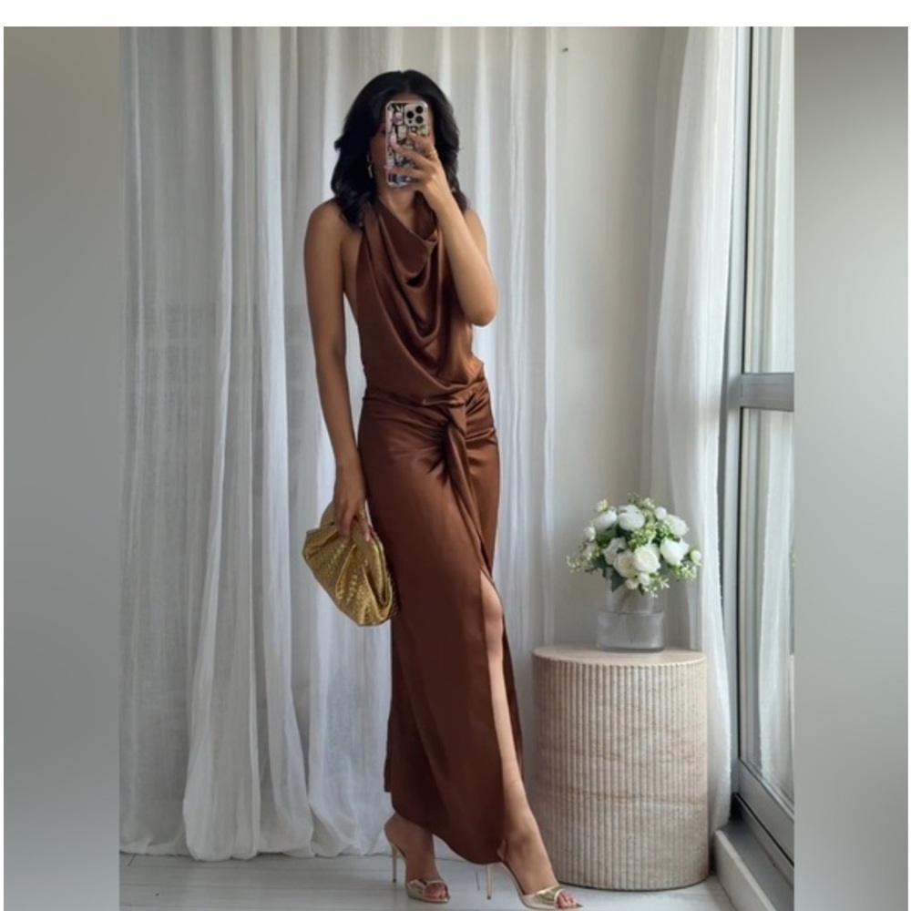 Zara SATIN EFFECT HALTER MIDI DRESS M Brown NWT - Picture 2 of 7
